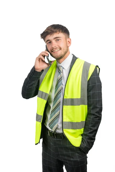 Portrait Happy Business Man Suit Vis Vest Using Mobile Phone — Stock Photo, Image