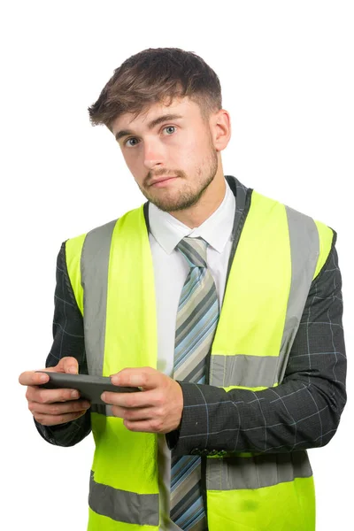 Portrait Business Man Suit Vis Vest Reading Messages Mobile Phone — Stock Photo, Image