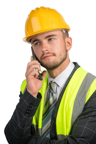 Portrait Hsppy Business Man Suit Vis Vest Hard Hat Using — Stock Photo, Image