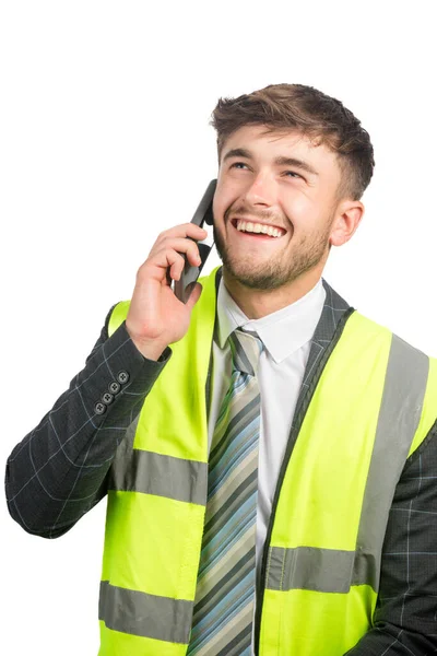 Takım Elbiseli Bir Adamının Portresi Cep Telefonuyla Konuşan Bir Yelek — Stok fotoğraf