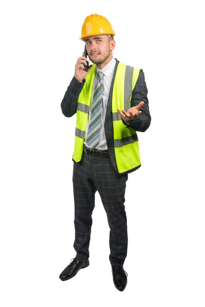 Portrait Business Man Suit Vis Vest Hard Hat Using Mobile — Stock Photo, Image