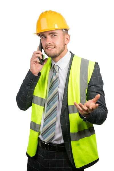 Porträtt Affärsman Kostym Med Vis Väst Hatt Med Hjälp Mobiltelefon — Stockfoto