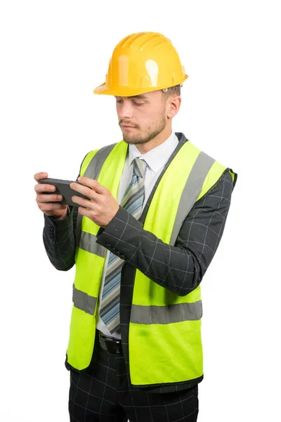 Portrait Business Man Suit Vis Vest Hardhat Reading Message Mobile — Stock Photo, Image