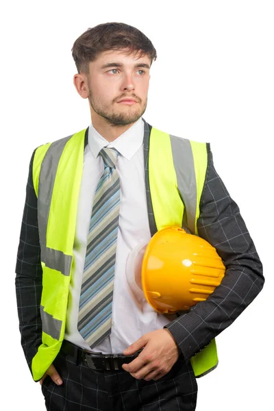 Portrait Business Man Suit Vis Vest Holding Hardhat — Stock Photo, Image