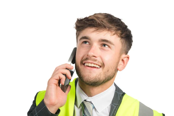 Takım Elbiseli Bir Adamının Portresi Cep Telefonuyla Konuşan Bir Yelek — Stok fotoğraf