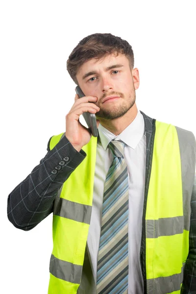 Portrait Business Man Suit Vis Vest Talking Mobile Phone — Stock Photo, Image