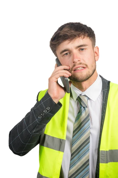 Portrait Business Man Suit Vis Vest Talking Mobile Phone — Stock Photo, Image