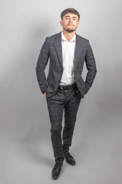 Full Length Portrait Young Businessman Entrepreneur Jacked Open Neck Shir — Stock Photo, Image