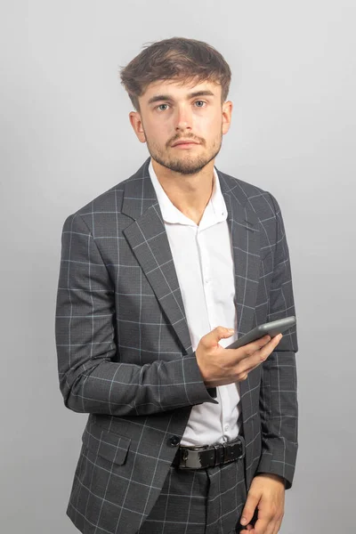 Portrait Young Businessman Entrepreneur Jacked Open Neck Shirt Holding Mobile — Stock Photo, Image