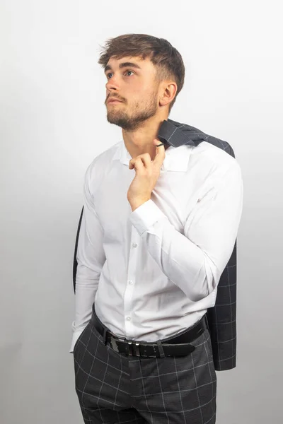 Portrait Young Businessman Entrepreneur Open Neck Shirt His Jacket Shoulde — Stock Photo, Image