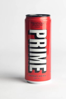 London, United Kingdom, 18th October 2023:- A Can of Tropical Punch Prime Energy drink, promoted by Youtubers Logan Paul and KSI
