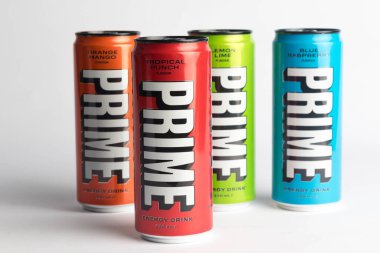 London, United Kingdom, 18th October 2023:- Four Cans of Prime Energy drink, promoted by Youtubers Logan Paul and KSI