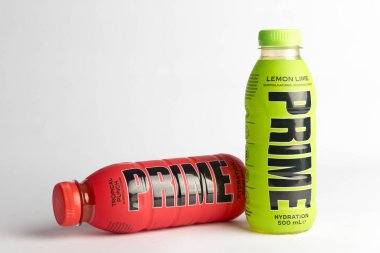 London, United Kingdom, 18th October 2023:- Bottles of Prime Hydration drink, Tropical Punch & Lemom Lime flavours, promoted by Youtubers Logan Paul and KSI