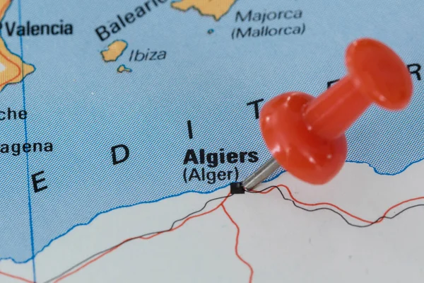 Red Pin Stuck Map Western Europe Pinpointing Location Algiers — Stock Photo, Image