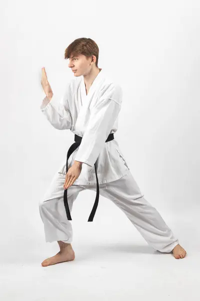 Årig Karate Blackbelt Pojke Bär Utför Kata Stockbild