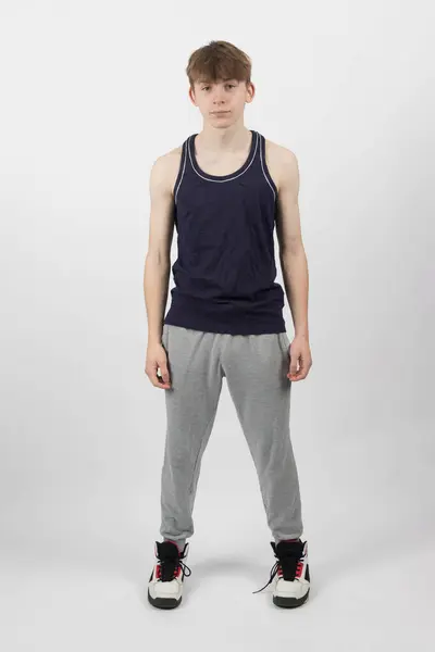 Fifteen Year Old Teenage Boy Standing White Background Muscle Vest Stok Lukisan  