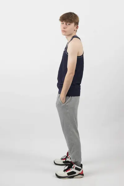 Fifteen Year Old Teenage Boy Standing White Background Muscle Vest Stok Gambar