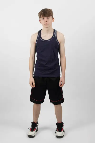 Fifteen Year Old Teenage Boy Standing White Background Muscle Vest Stok Foto Bebas Royalti