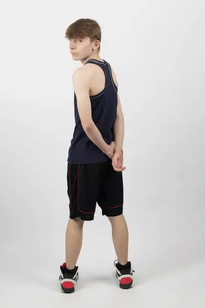 Fifteen Year Old Teenage Boy Standing White Background Muscle Vest Stok Gambar Bebas Royalti