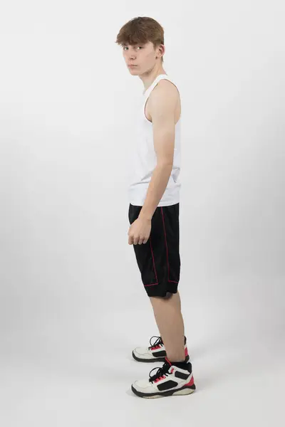 Fifteen Year Old Teenage Boy Standing White Background Sleeveless Vest Stok Foto