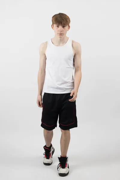 Fifteen Year Old Teenage Boy Standing White Background Sleeveless Vest Stok Gambar