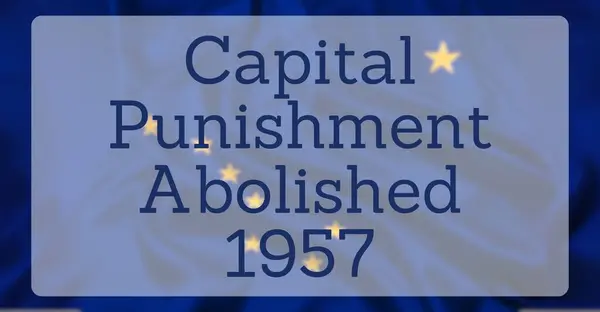 stock image The State Flag of Alaska, overlaid with text reading Capital Punishment Abolished 1957