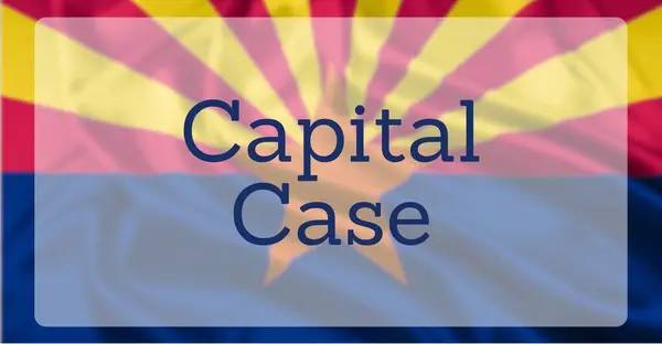 stock image The State Flag of Arizona, overlaid with text reading Capital Case