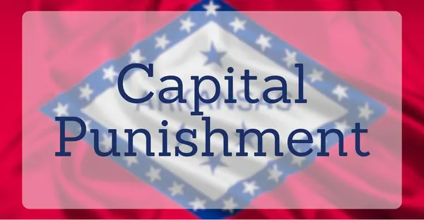 stock image The State Flag of Arkansas, overlaid with text reading Capital Punishment