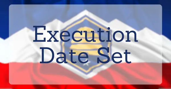 stock image The Flag of The State of Utah, overlaid with text reading Execution Date Set