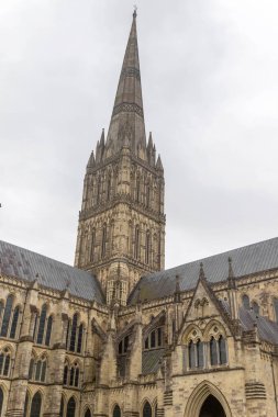 Salisbury, Birleşik Krallık, 25 Ağustos 2024 İngiltere 'deki en yüksek kilise kulesini gösteren Salisbury Katedrali manzarası.