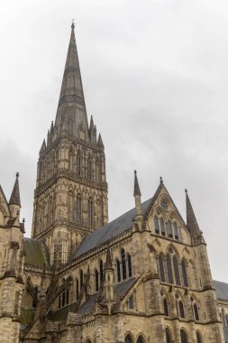 Salisbury, Birleşik Krallık, 25 Ağustos 2024 İngiltere 'deki en yüksek kilise kulesine sahip Salisbury Katedrali manzarası.