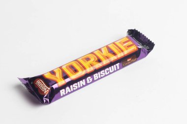 Londra, Birleşik Krallık, 24 Eylül 2024 - Beyaz arka planda Yorkie Raisin & Biscuit 'in görüntüsü