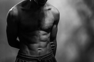 Karın kasları ve göğsü iyi tanımlanmış genç bir erkek cesedi. Gömleksiz gövdeli bir model. Vücut bakımı, erkek sağlığı, fitness, gençlik, erkeklik, sağlık, kilo kaybı, vücut geliştirme 