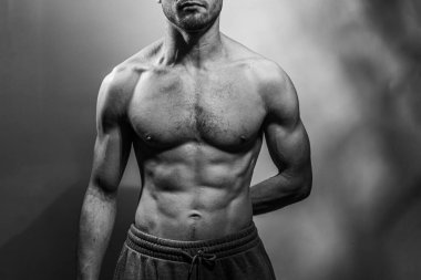 Karın kasları ve göğsü iyi tanımlanmış genç bir erkek cesedi. Gömleksiz gövdeli bir model. Vücut bakımı, erkek sağlığı, fitness, gençlik, erkeklik, sağlık, kilo kaybı, vücut geliştirme 
