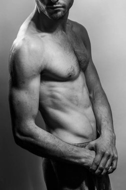 Karın kasları ve göğsü iyi tanımlanmış genç bir erkek cesedi. Gömleksiz gövdeli bir model. Vücut bakımı, erkek sağlığı, fitness, gençlik, erkeklik, sağlık, kilo kaybı, vücut geliştirme 