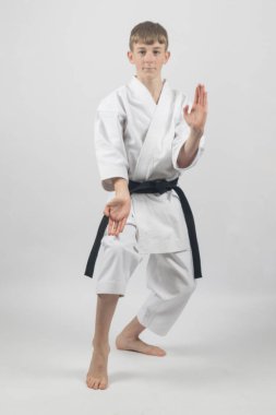 15 yaşında, erkek, karate siyah kuşağı var. Kedi duruşu yapıyor. Açık el bloğu yapıyor.