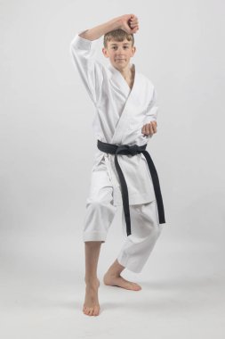 Fifteen year old male teenage karate black belt in a cat stance doing a head block, studio shot against a white background clipart