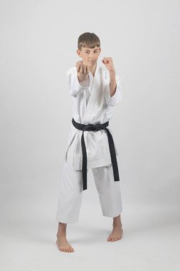 15 yaşında, erkek, karate, siyah bel, Sanchin duruşu, arka yumruk, stüdyo çekimi, beyaz arka plan.