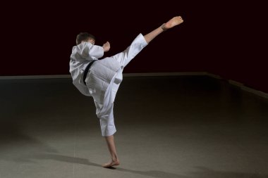 On beş yaşında, genç erkek karate kara kuşağı. Kanca vuruşu yapıyor. Stüdyo çekimi siyah arka planda.