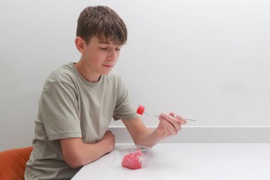 Ergen çocuk önceden dilimlenmiş yiyor, dükkanda çatalla karpuz alıyor.