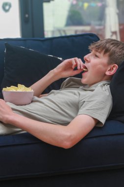 Genç bir çocuk TV izlerken bir kase patates çerezi yiyor. 