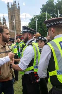 Londra, Birleşik Krallık, 9 Ağustos 2025 - Londra Parlamento Meydanı 'nda Filistin Eylem Protestosu, polis bir protestocuyu tutukladı