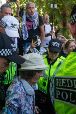 Londra, Birleşik Krallık, 9 Ağustos 2025 - Londra Parlamento Meydanı 'nda Filistin Eylem Protestosu, polis bir protestocuyu tutukladı
