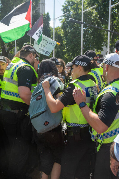 Лондон, Великобритания, 9 августа 2025 года: - Протест в поддержку Палестины на Парламентской площади в центре Лондона, полиция арестовала протестующего