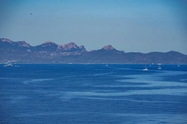 stock image Amazing view from boat over clear sea water lagoon. Luxury travel, tropical blue turquoise Mediterranean panoramic seascape luxury white sailboat yacht. Beautiful exotic summer vacation leisure cruise