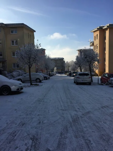 Snow Covered City Street Heavy Snowfall Lots Snow Sidewalk Cars — Stock Photo, Image
