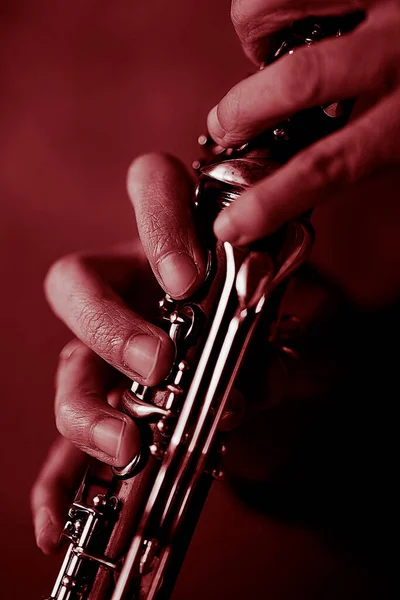 Las Manos Músico Clarinete Antiguo Instrumento Musical Madera Popular Música —  Fotos de Stock