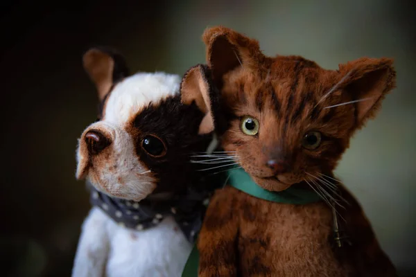 Grußkarte Freundschaft Mit Niedlichen Handgemachten Teddyhund Und Katze Mit Blau — Stockfoto