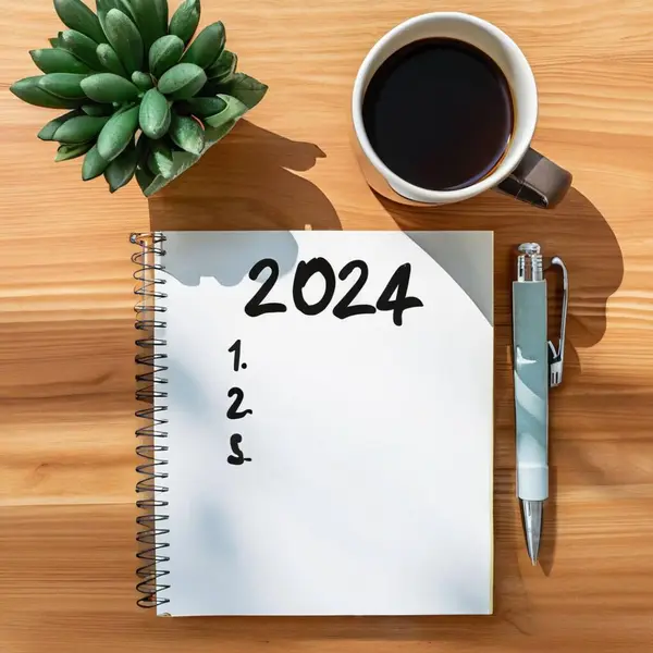 2024 goals list with notebook, coffee cup, plant on wooden background. Resolutions, plan, goals, action, strategy, success concept. High quality photo