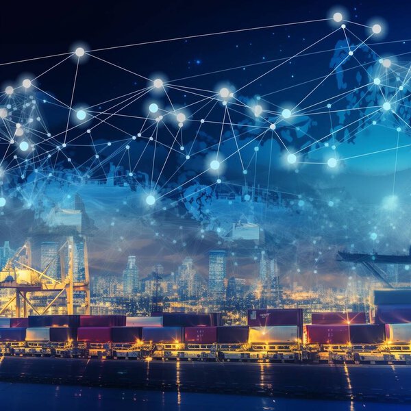 Industrial Container Cargo freight ship, forklift handling container box loading for logistic import export and transport industry concept backgroundtransport industry background. High quality photo